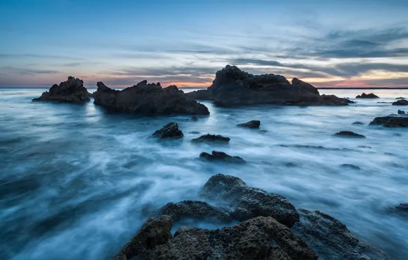 Picture the sky, clouds, sunset, stones, the ocean, rocks, blue, shore, the evening, CA, USA