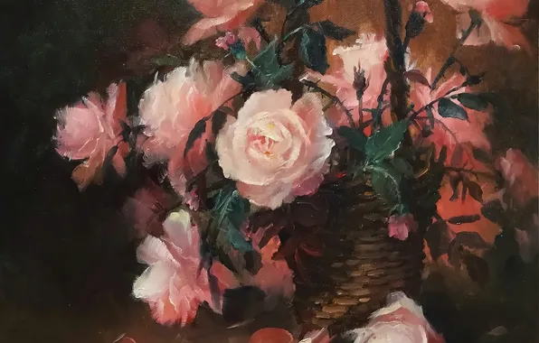 Flowers, oil, roses, bouquet, pink, painting, basket, canvas