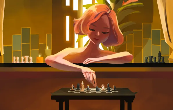 Girl, the film, figure, candles, makeup, chess, art, hairstyle