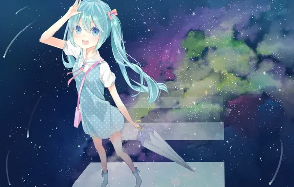 Picture girl, stars, smile, umbrella, anime, art, vocaloid, hatsune miku