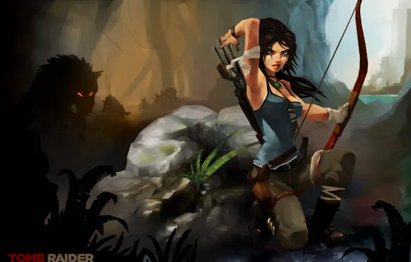 Picture art, wolves, Tomb Raider, Lara Croft, Lara Croft