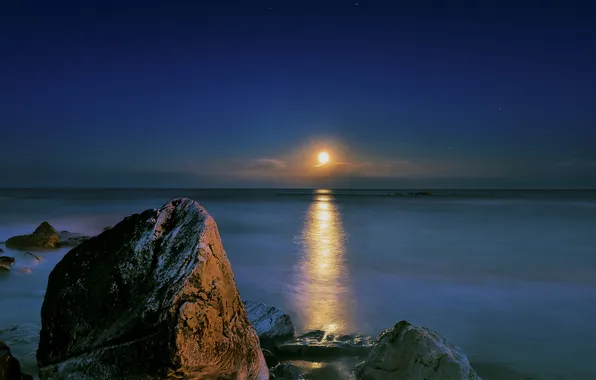Sea, stars, night, stones, the moon, moonlight, Adriatica