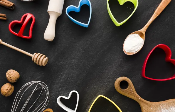 Table, holiday, heart, heart, spoon, hearts, black background, nuts