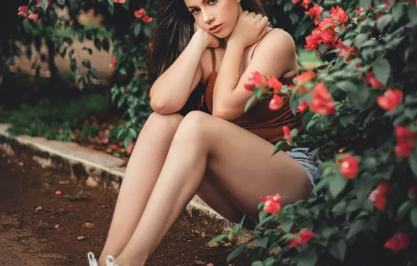 Picture look, girl, flowers, pose, sneakers, legs
