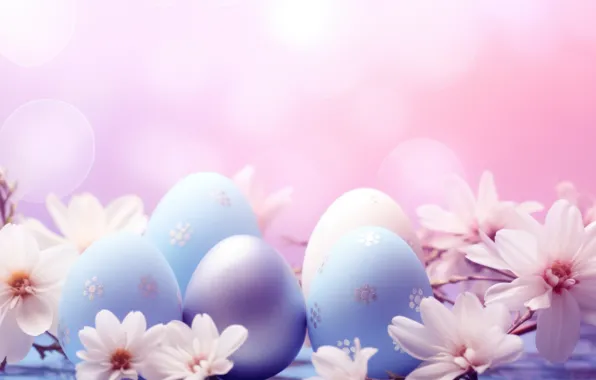 Flowers, holiday, eggs, spring, blue, Easter, pink, bokeh