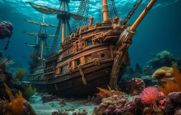 Sea, water, ship, fantasy, under water, sunken, the ship, sunken