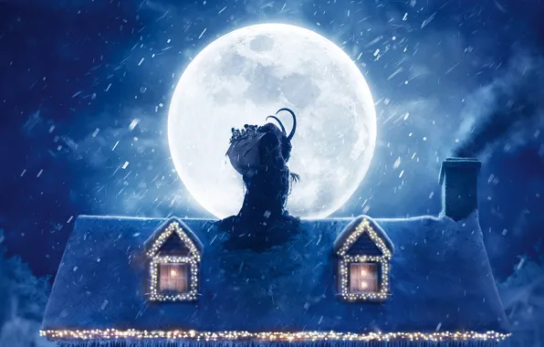 Wallpaper roof, snow, decoration, night, house, the moon, toys, smoke ...