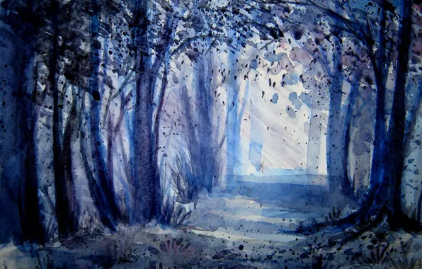 Picture forest, rays, trees, watercolor, twilight, clearance, painted landscape
