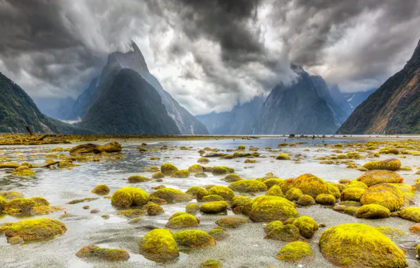 Clouds, mountains, stones, New Zealand, mucus, the fjord, South island, Milford Sound