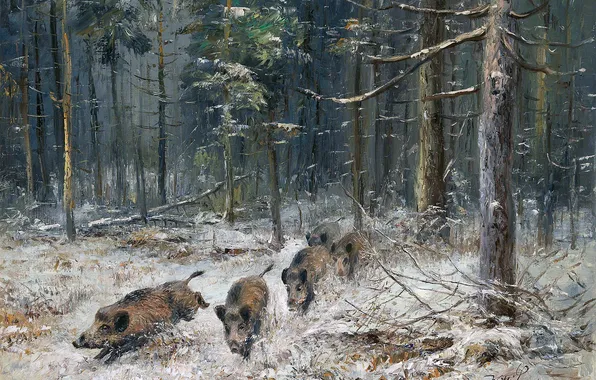 Winter, Trees, Snow, Forest, Picture, German artist, Wilhelm Lorenz, Wild Boars