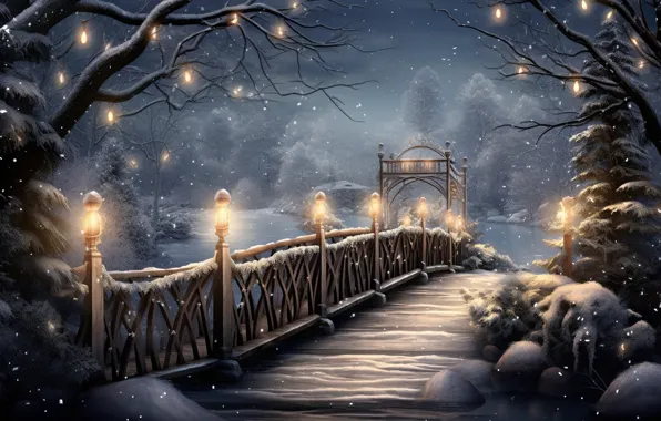 Picture winter, snow, snowflakes, night, bridge, lights, Park, New Year