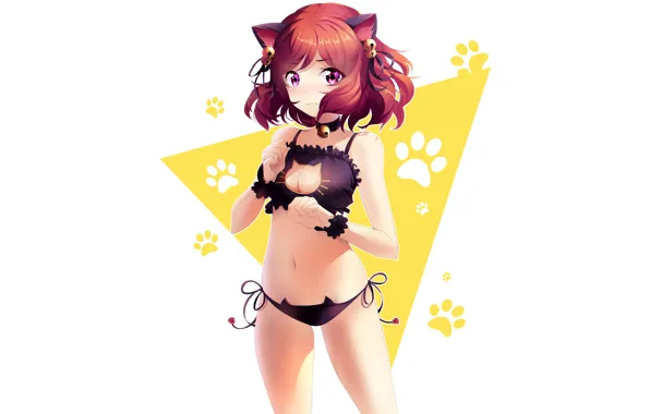 Girl, sexy, cleavage, red hair, boobs, animal ears, anime, beautiful