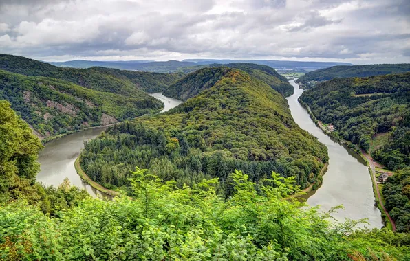 Greens, forest, clouds, trees, mountains, river, Germany, panorama