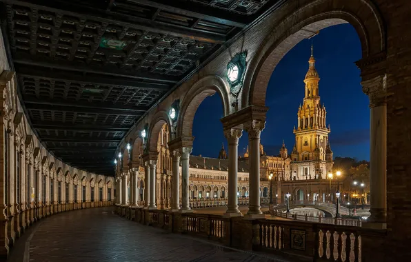 Night, lights, Spain, Seville, Espana