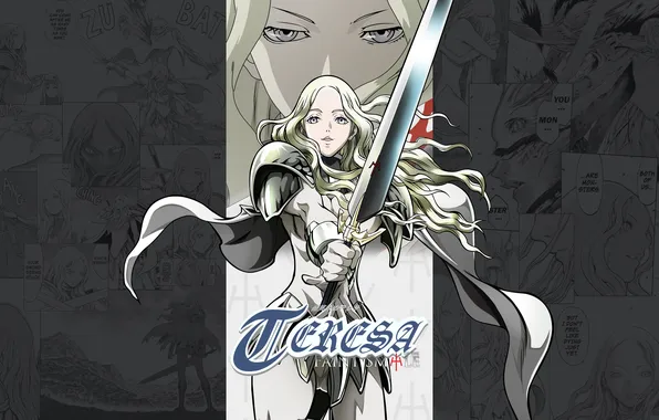 Claymore, blade, Teresa, woman warrior, in armor, long white hair, sword in hand, by Norihiro …