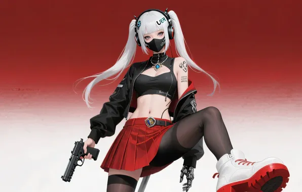 Picture red, white, anime, headphones, rebel, haired, cyber