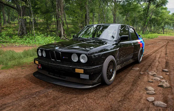 Picture car, BMW, forest, jungle, BMW M3, Forza Horizon, vehicle, CGI