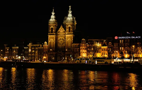 Night, the city, lights, reflection, river, ruffle, Amsterdam, Netherlands