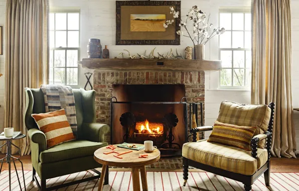 Design, style, heat, interior, chairs, fireplace, living room, cozy