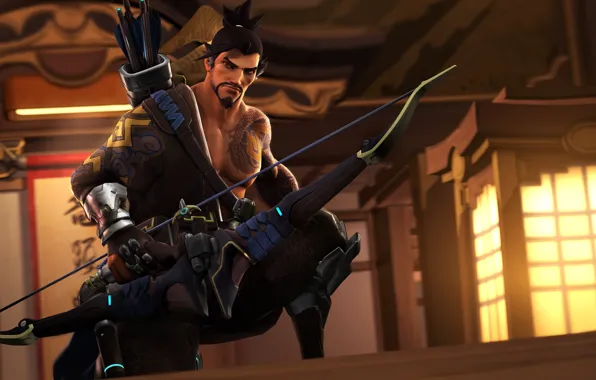 Bow, tattoo, male, beard, quiver, Archer, Overwatch, Hanzo Shimada