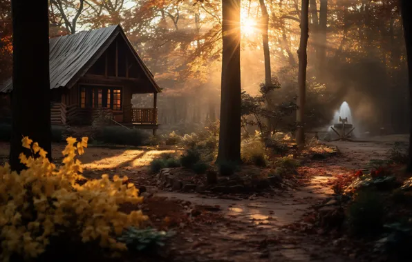 Autumn, forest, the sun, light, trees, fog, house, Park
