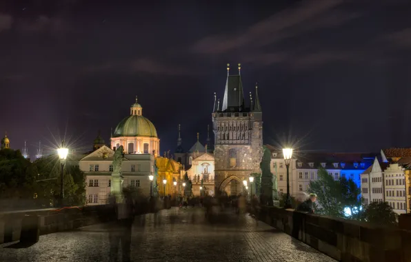 Night, lights, Prague, Czech Republic, Charles bridge