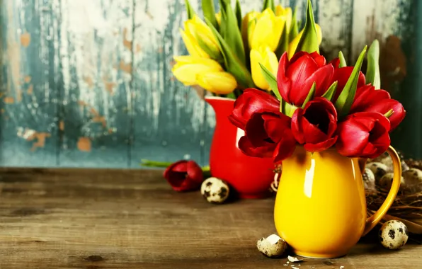 Yellow, tulips, red, vases, bouquets, Natalia Klenova