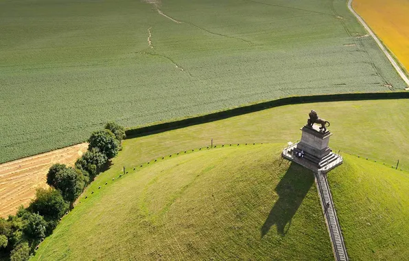 Field, grass, trees, monument, Belgium, Waterloo, Lion's mound, Kurgan