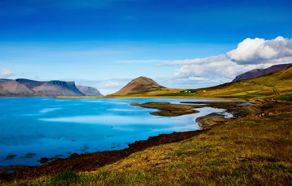 Landscape, beautiful, mountains, lake, sunny day, iceland lake