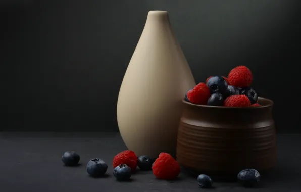 Berries, raspberry, the dark background, blueberries, vase, bowl, still life, composition