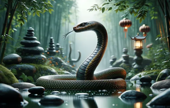 Look, stones, snake, lights, snakes, pond, Asian style, AI art