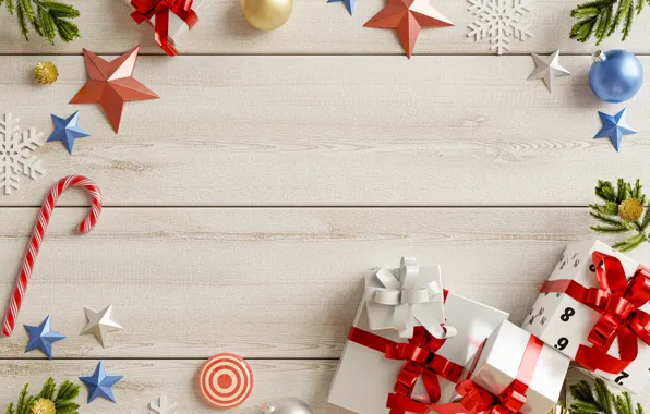 Stars, balls, snowflakes, toys, Board, texture, Christmas, cane