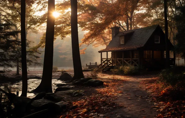 Autumn, forest, the sun, light, trees, fog, house, Park
