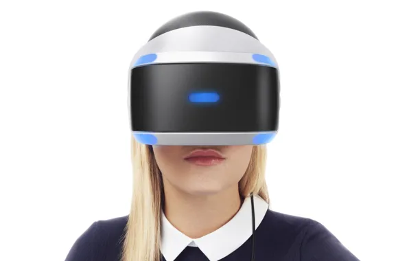 Picture girl, blonde, white background, helmet, Sony, PlayStation 4, Playstation VR