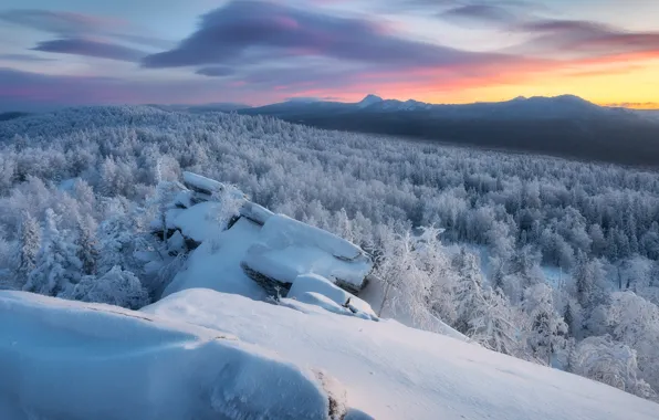 Picture winter, frost, snow, landscape, mountains, nature, stones, forest