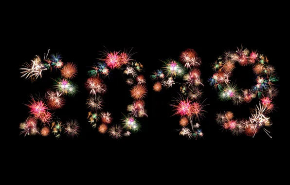 Picture salute, colorful, New Year, figures, black background, background, New Year, fireworks