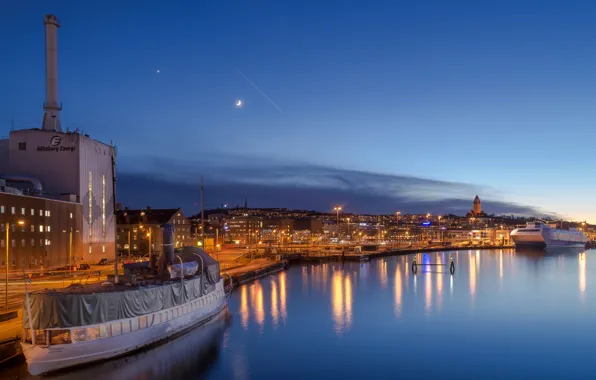The sky, the city, lights, river, the moon, home, ships, lights