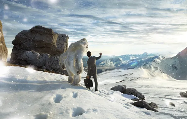Snow, mountains, meeting, Bigfoot