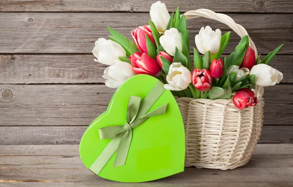 Flowers, gift, bouquet, tulips, red, love, white, heart
