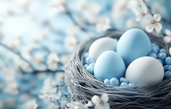 Flowers, branches, nature, holiday, eggs, spring, blue, Easter