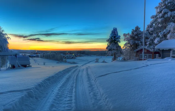 Picture road, the sky, clouds, snow, sunset, traces, home, Winter