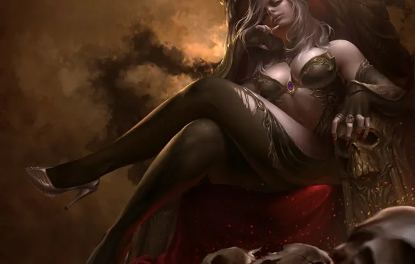 Erotic, girl, pose, art, skull, fantasy, the throne