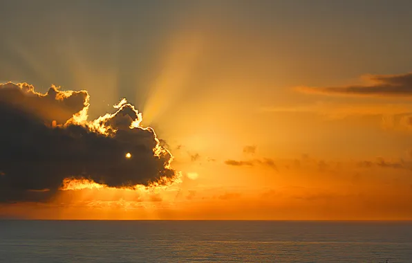 Picture sea, the sky, the sun, clouds, sunset, horizon
