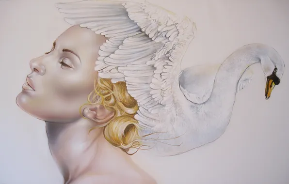Girl, face, profile, painting, white Swan, Robert Yancy