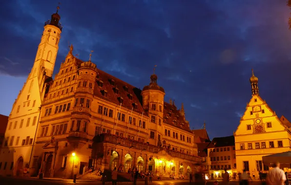Picture the sky, night, lights, watch, home, Germany, town hall, Rothenburg Ob der Tauber
