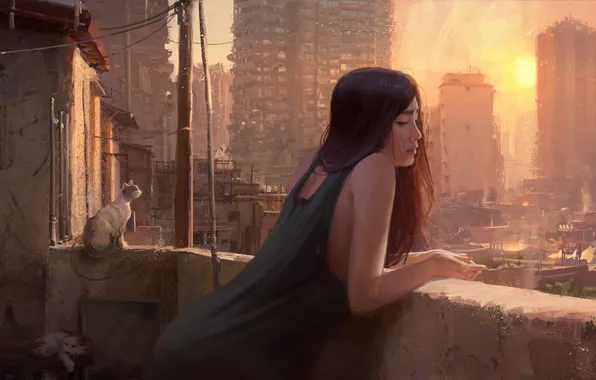 City, woman, balcony