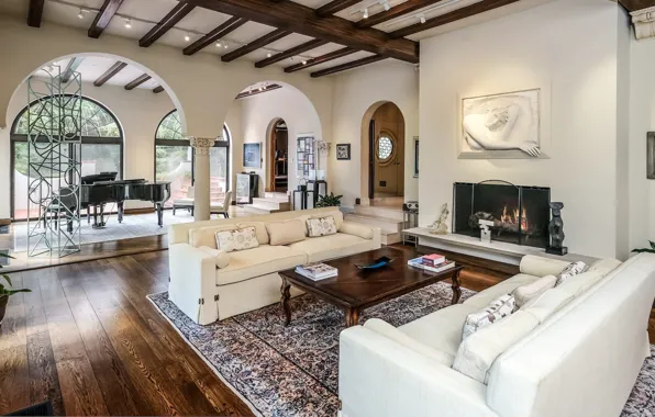 Design, style, Villa, interior, piano, fireplace, California, living room