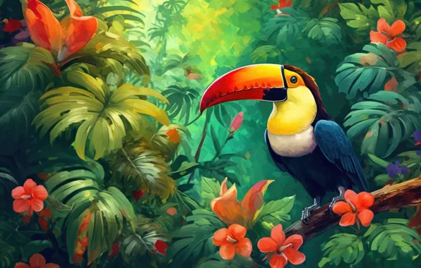 Forest, look, leaves, flowers, nature, tropics, bird, branch