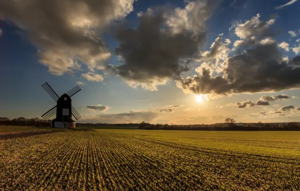 Field, the sun, clouds, clouds, mill