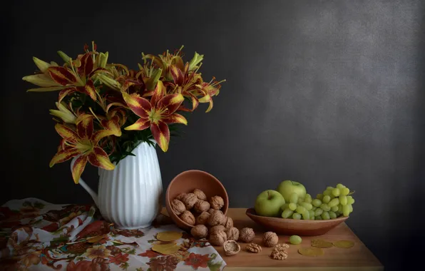 Picture flowers, apples, Lily, grapes, nuts, still life